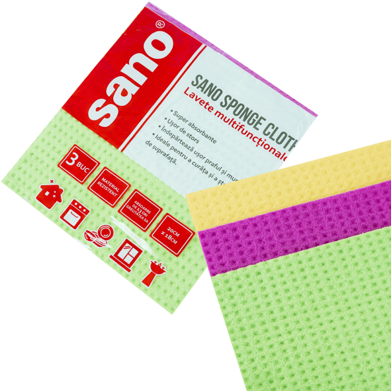 Set 3 lavete umede super absorbante cu burete, Sano, 18x20 cm